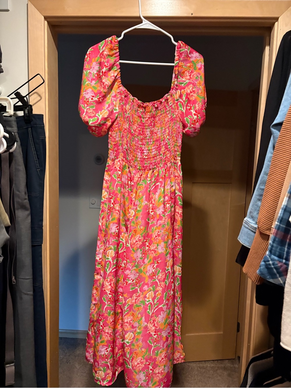 RESA Pink Floral Smocked Puff Sleeve Maxi Dress Size M